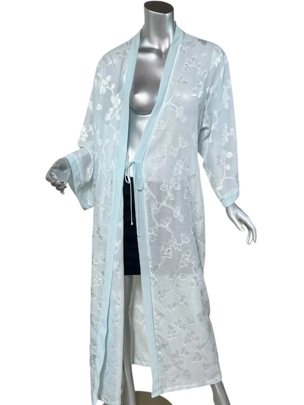 Oscar de la Renta Pink Label Floral Semi Sheer Aqua Light Blue Long Robe LARGE